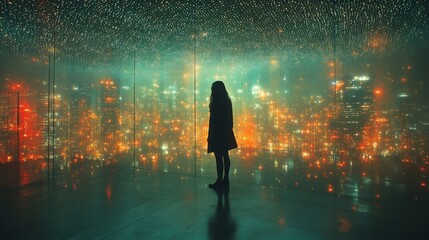 A silhouette stands in a vibrant, illuminated space, surrounded by colorful lights.