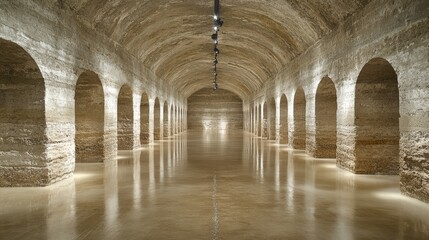 A spacious underground hall with arches and reflective flooring, designed for events or exhibitions.