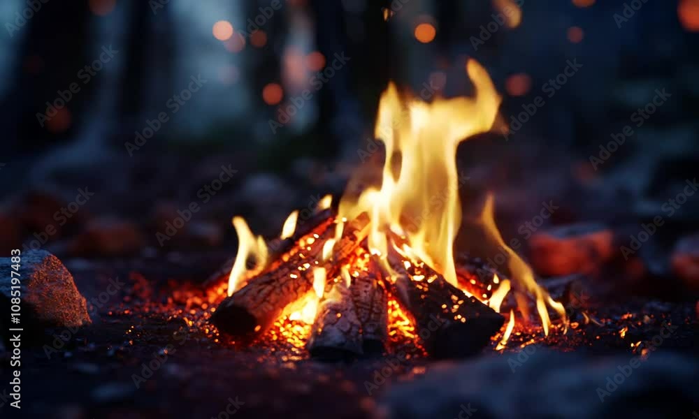 Poster Warm and Inviting Campfire at Night in Dense Forest Setting with Glowing Embers and Rustic Atmosphere : Generative AI