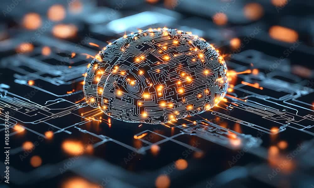 Poster futuristic circuit brain with neon lights in digital world : generative ai