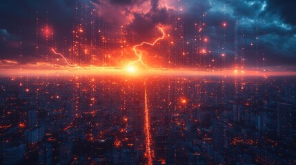 Digital storm over futuristic city at sunset.