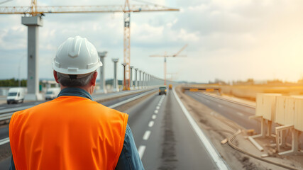 Construction Engineer Overseeing Bridge Development on a Highway Project with Cranes and Modern Infrastructure in Progress