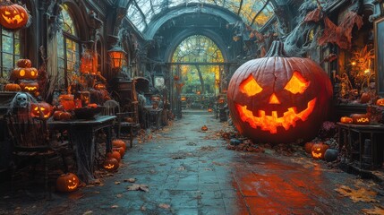 A spooky, autumn-themed interior with large pumpkins and Halloween decorations.