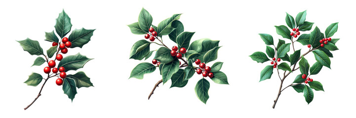 Obraz premium Three holly branches adorned with vibrant red berries and glossy green leaves, showcasing festive seasonal beauty.