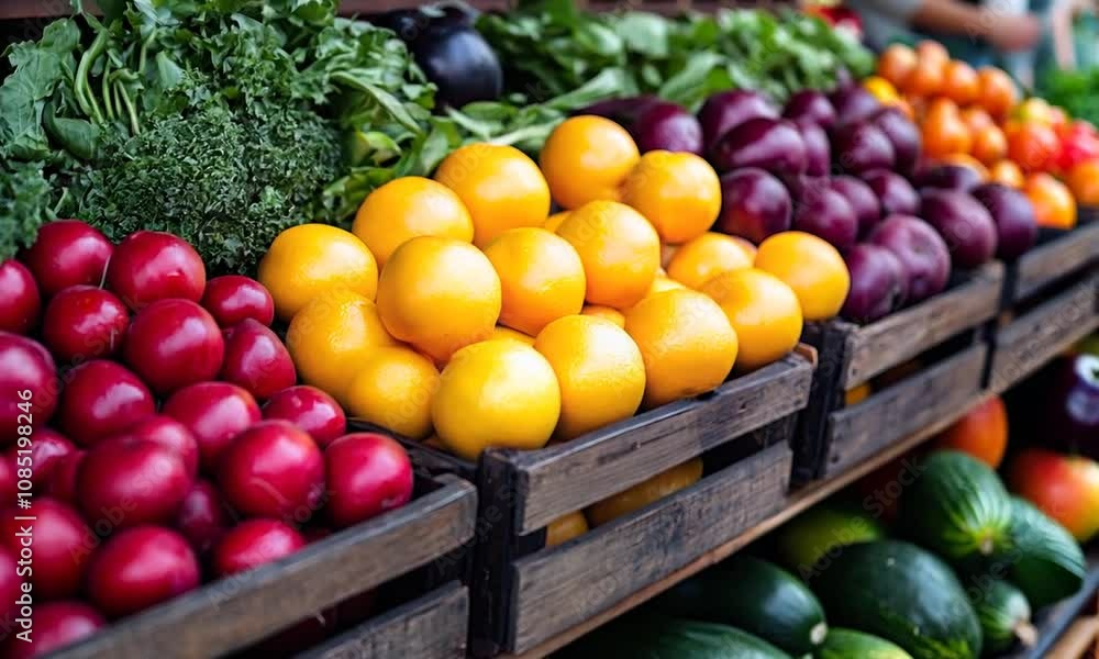 Poster vibrant farmers market display of fresh colorful fruits and vegetables in wooden crates : generative