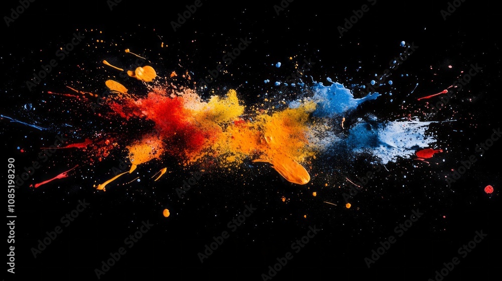 Poster a colorful explosion of paint splatters on a black background