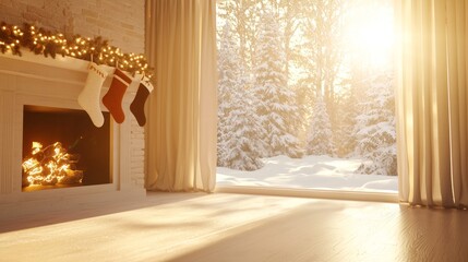 Festive Warmth in a Winter Wonderland: Cozy Christmas Living Room Amidst Snowy Landscape and Glowing Sunlight