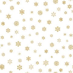 Snowflakes with golden glitter isolated on white background. Seamless pattern