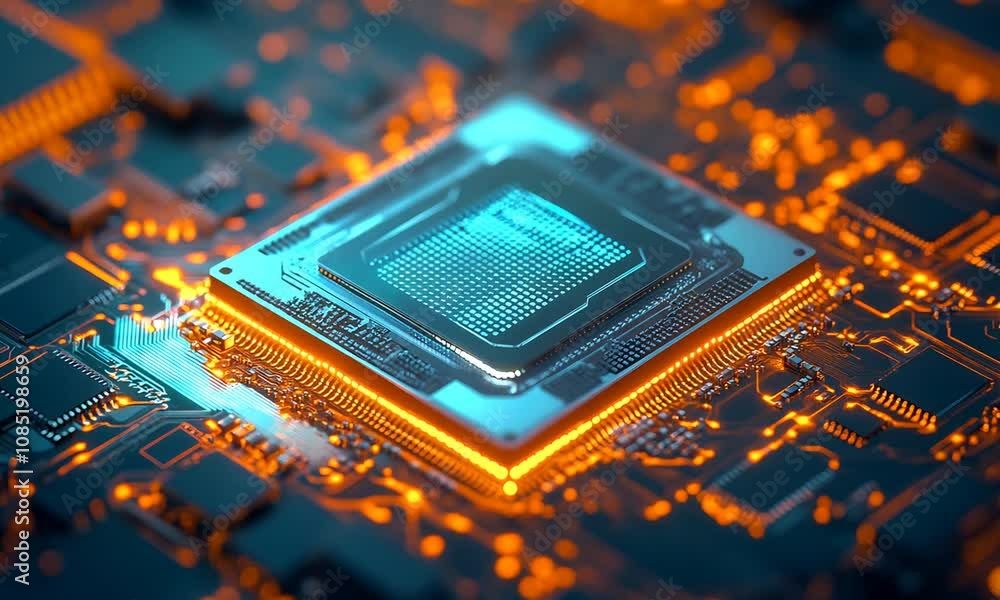 Leinwandbilder futuristic circuit board with illuminated microchip and wiring closeup : generative ai