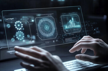 Hands hover over a keyboard, manipulating a translucent screen displaying complex graphs and circular data representations