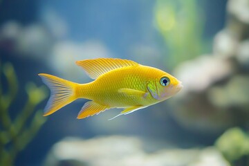 Vibrant Yellow Fish Swimming in a Colorful Aquarium Environment