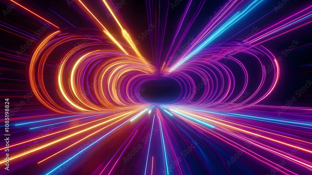 Poster cycled 3d animation. abstract background with ascending colorful neon lines, glowing trails