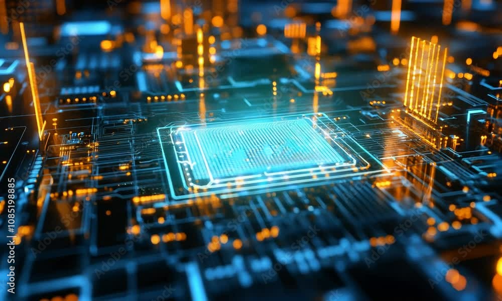 Aufkleber Futuristic Circuit Board with Illuminated Microchip and Advanced Technology Details : Generative AI