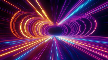 cycled 3d animation. Abstract background with ascending colorful neon lines, glowing trails