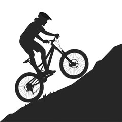 Naklejka premium Black and White Silhouette Design of a Mountain Bike Cyclist Jumping, Without Helmet, Turning Handlebars Left – Perfect for Sports Illustrations and Adventure Themes