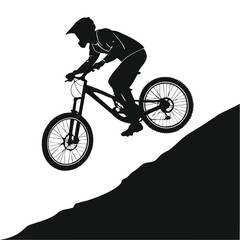 Naklejka premium Black and White Silhouette Design of a Mountain Bike Cyclist Jumping, Without Helmet, Turning Handlebars Left – Perfect for Sports Illustrations and Adventure Themes