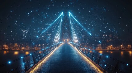 Obraz premium Futuristic bridge at night, glowing lights, snow.