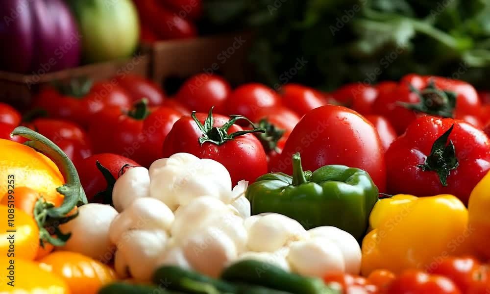 Poster Fresh ripe tomatoes peppers and garlic creating a colorful produce display : Generative AI