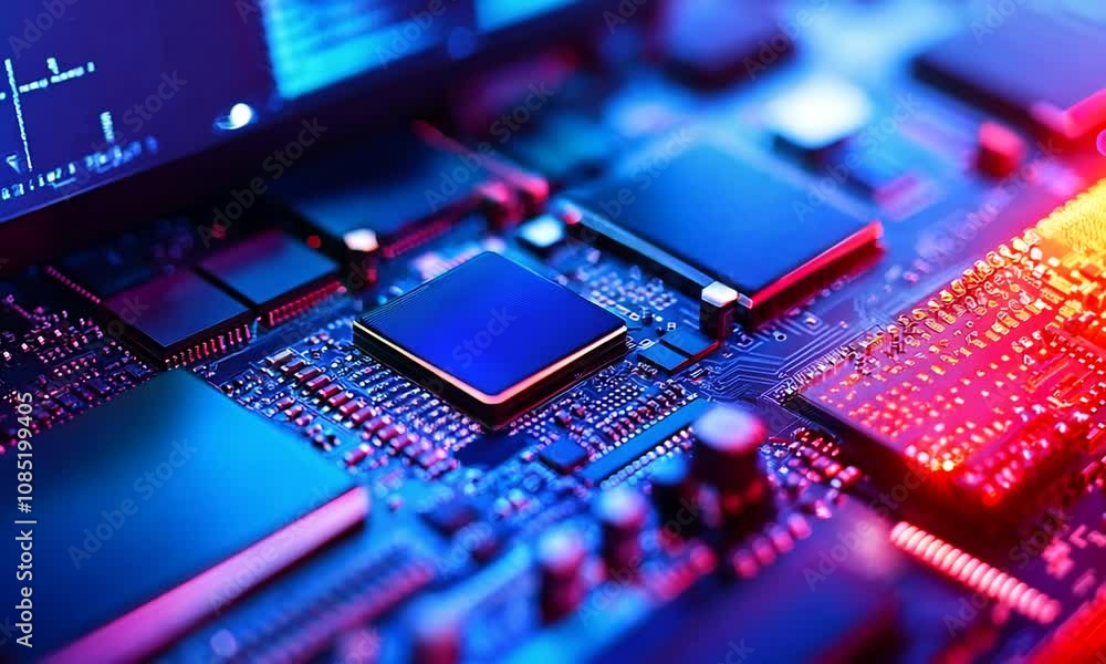 Aufkleber High tech circuit board with glowing microchips in futuristic cyber settings : Generative AI