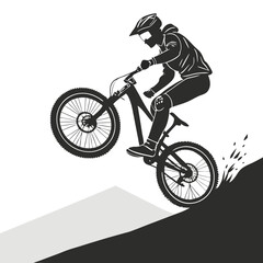 Fototapeta premium Black and White Silhouette Design of a Mountain Bike Cyclist Jumping, Without Helmet, Turning Handlebars Left – Perfect for Sports Illustrations and Adventure Themes