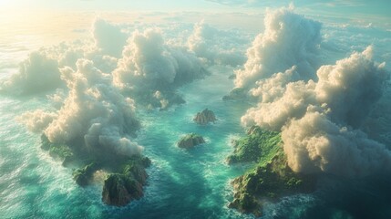 Fototapeta premium Aerial view of idyllic islands shrouded in clouds.