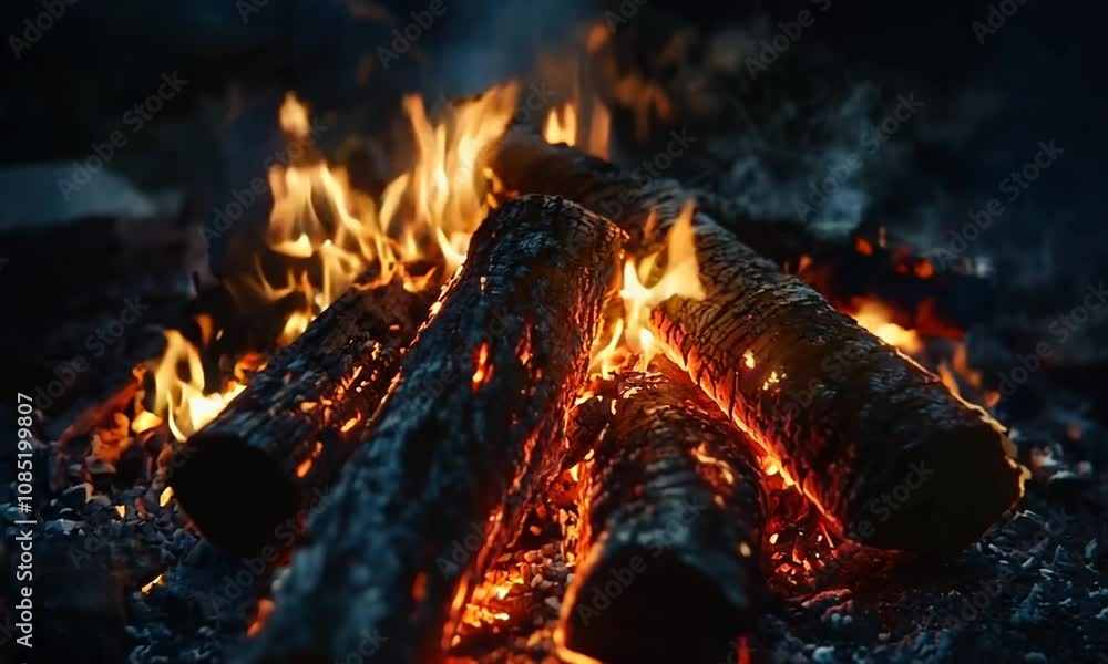 Poster closeup view of burning logs with bright warm flames in a dark forest setting : generative ai