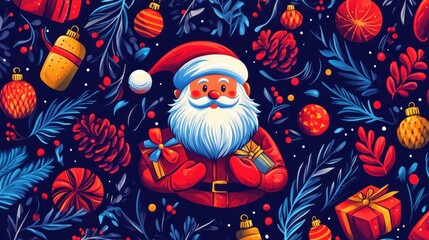 Fototapeta premium Holiday-themed vector: Santa, snowman, baubles, and gifts in vibrant, realistic details for cards and posters.
