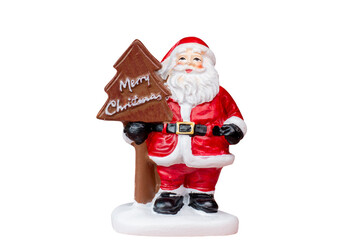 Miniature Santa Claus figurine dressed in a classic red suit isolated on a clean white background with a clipping path. Ideal for Christmas, holiday decorations, or festive-themed projects.