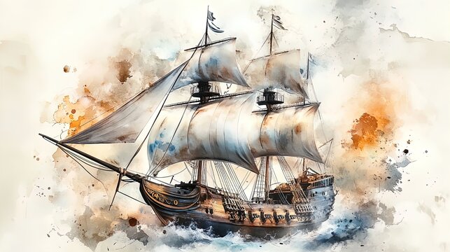 Historic Three-Masted Ship with Large White Sails: A Vintage Aesthetic Poster for Nautical D&eacute;cor in Sports or Home Interiors, Capturing the Beauty of Sailing Through Gentle Waves