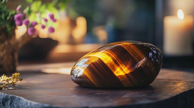 A polished tiger's eye stone with golden brown bands, perfect for lifestyle and spiritual collectors
