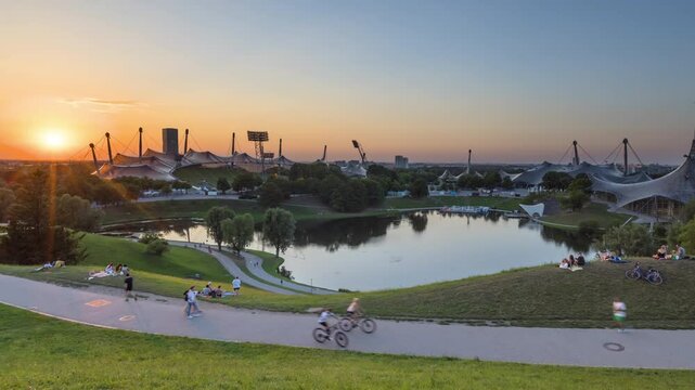 Sunset Munich Germany city view of munich olympia park and sea time lapse, munich skyline top view.