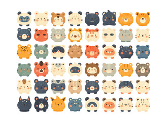 A colorful grid of cute animal faces, primarily bears and other woodland creatures.
