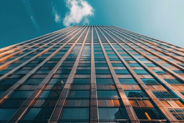 Fototapeta na wymiar Low angle view of a modern office building reflecting the blue sky and clouds