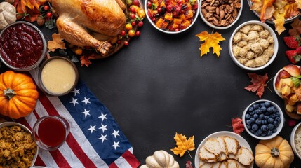 Top view of a Thanksgiving spread with traditional dishes, with a faded American flag in the background,