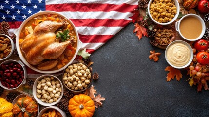 Top view of a Thanksgiving spread with traditional dishes, with a faded American flag in the background,