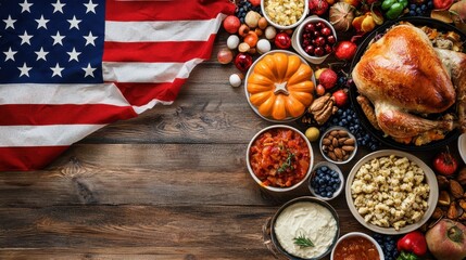 Fototapeta premium Top view of a Thanksgiving spread with traditional dishes, with a faded American flag in the background,