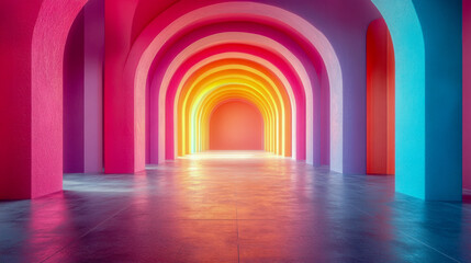 Vibrant multicolored arches creating an endless hallway with glowing light