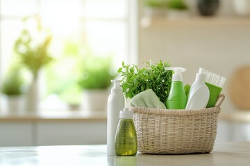 Eco-friendly cleaning products, a green towel, a brush, and a plant in a basket, representing sustainable and natural cleaning options for a healthy home and environment