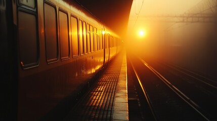 Fototapeta premium A serene sunrise at a train station, with warm sunlight illuminating the tracks and train, creating a peaceful travel atmosphere.
