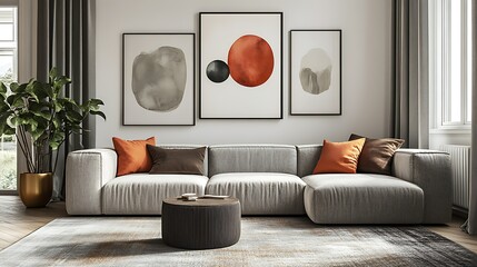 Modern living room with abstract art and cozy furnishings.