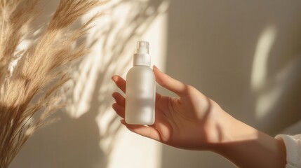 Person using natural face mist under soft lighting, Organic skincare, Refreshment