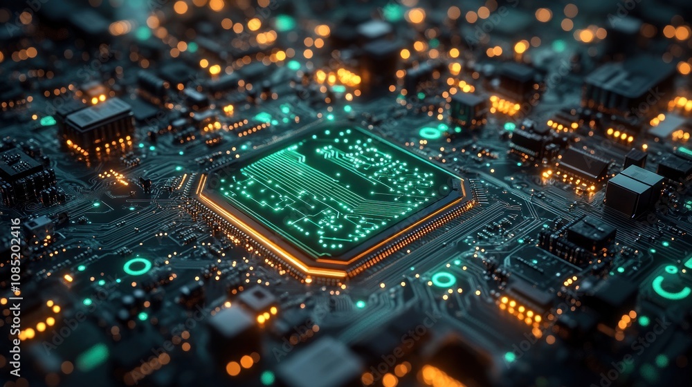 Poster close-up of glowing cpu on circuit board.