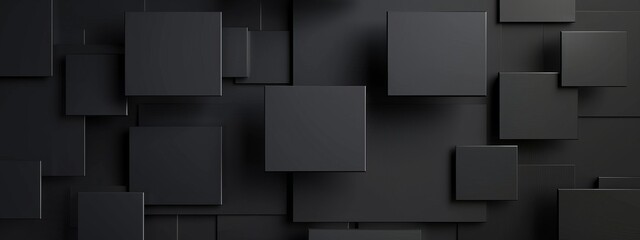 Abstract minimalist wallpaper with clean squares and rectangles on black background. Banner template with white center text area. Ideal for modern designs.