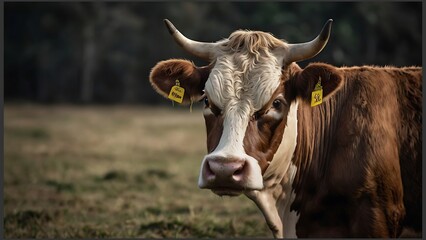 A detailed close-up of a brown cow with distinctive markings, grazing peacefully in a lush green pasture, showcasing its calm demeanor and natural habitat
