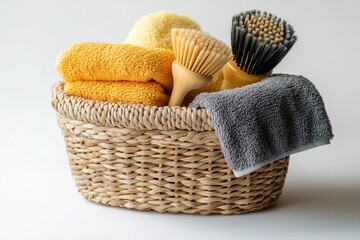 Sustainable and eco-friendly cleaning tools, such as wooden-handled brushes and soft towels, are beautifully organized in a wicker basket