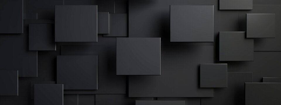 Abstract minimalist wallpaper with clean squares and rectangles on black background. Banner template with white center text area. Ideal for modern designs.