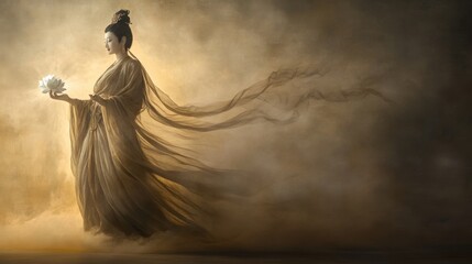 Lifelike image of Guanyin holding a lotus flower, surrounded by soft light, flowing robes enhancing her serene presence