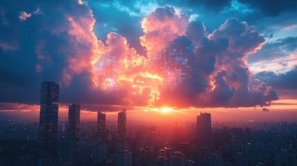 Obraz premium Cityscape sunset with vibrant clouds and digital globe.