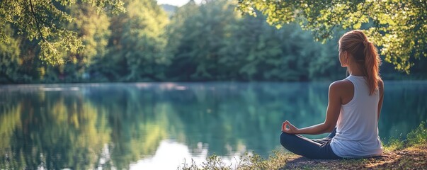 Woman meditating by a tranquil lake surrounded by trees, Wellness retreat, Quietude