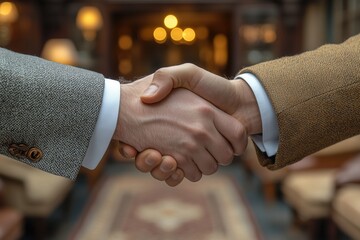 Two executives sealing a deal with a handshake in the opulent hotel lobby, marking a successful business agreement